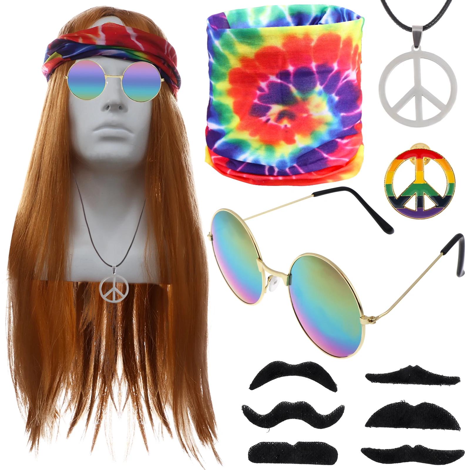 

11Pcs Hippie Costume Accessory Peace Sign Necklace Glasses Headbands Wig 60s 70s