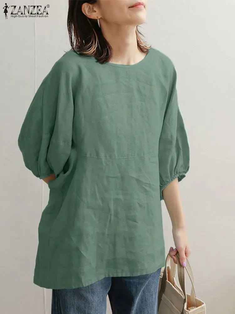 

Однотонная тонкая рубашка ZANZEA с длинным рукавом и круглым вырезом, повседневные женские рубашки, Женские винтажные Топы большого размера, с...
