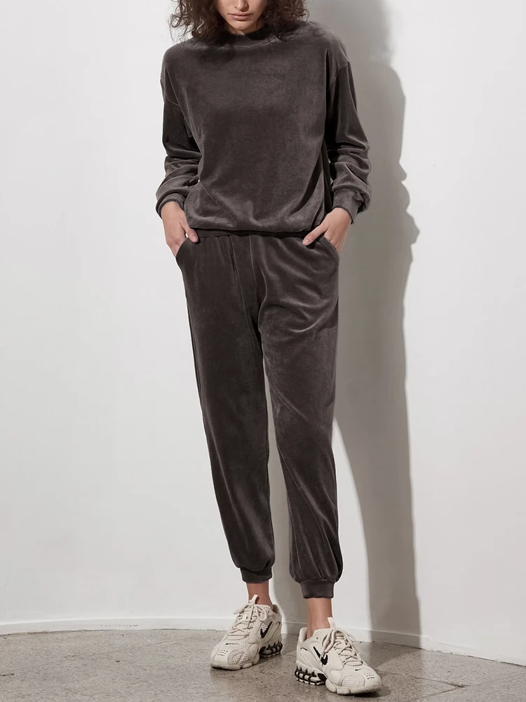 WeiYao 2022 Velvet Pajamas Female Winter Knitting Women's Home Clothes Round Neck Brown Long Sleeve Sleepwear Women Pajama Warm