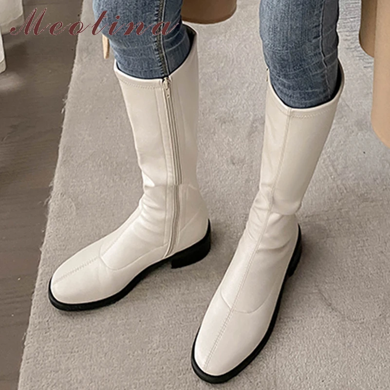 

Женские сапоги на плоской подошве Meotina, сапоги до колена на платформе, с круглым носком, на молнии, бежевого и абрикосового цвета, Осень-зима