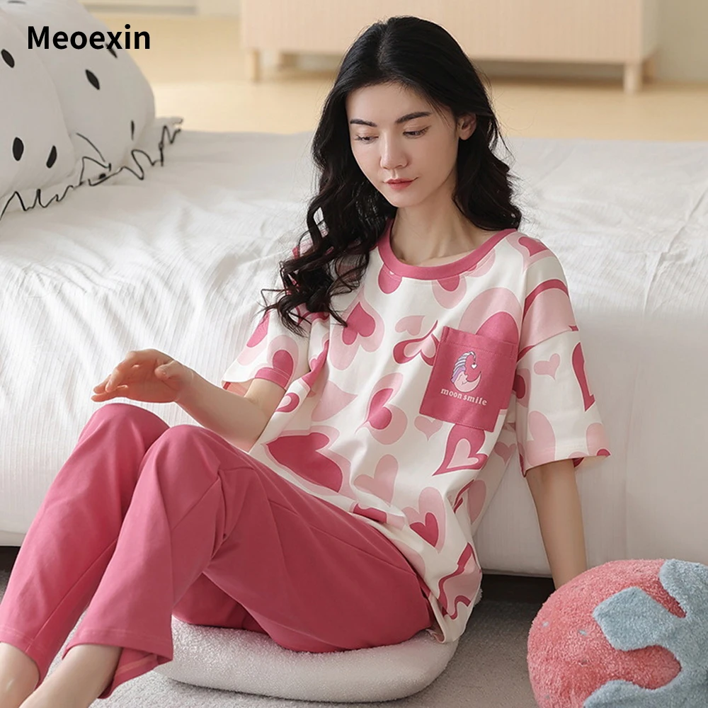 

Home Sports Leisure Clothing Simple Cotton Short Sleeved Pants Cute and Sweet Kawaii Clothes Set Short Full Length Pajama Sets