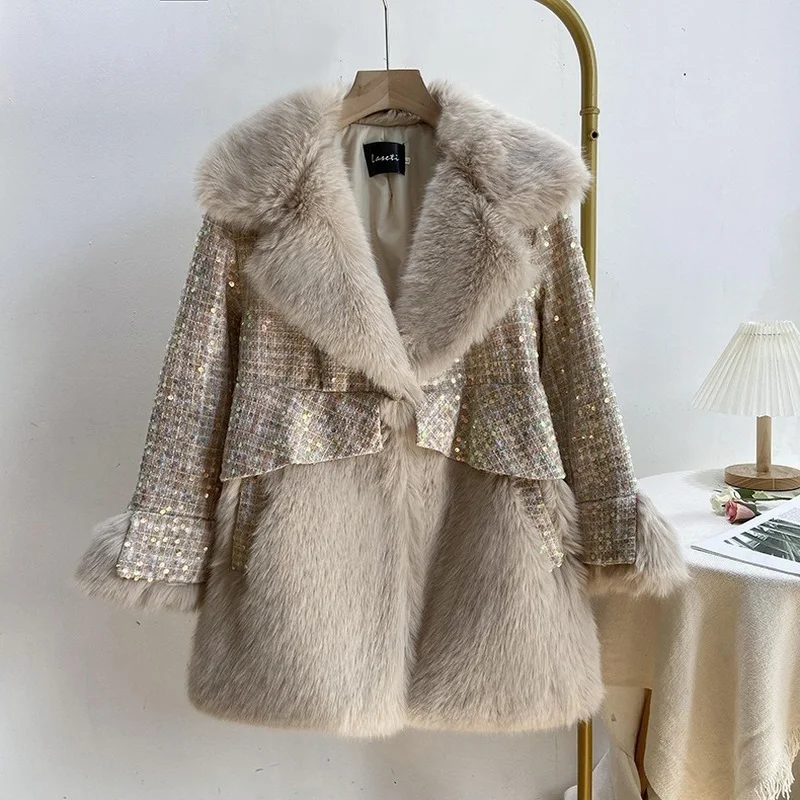 New Sequin Fashion Ladies Coat Fur Ladies Coat Winter Warm Coat