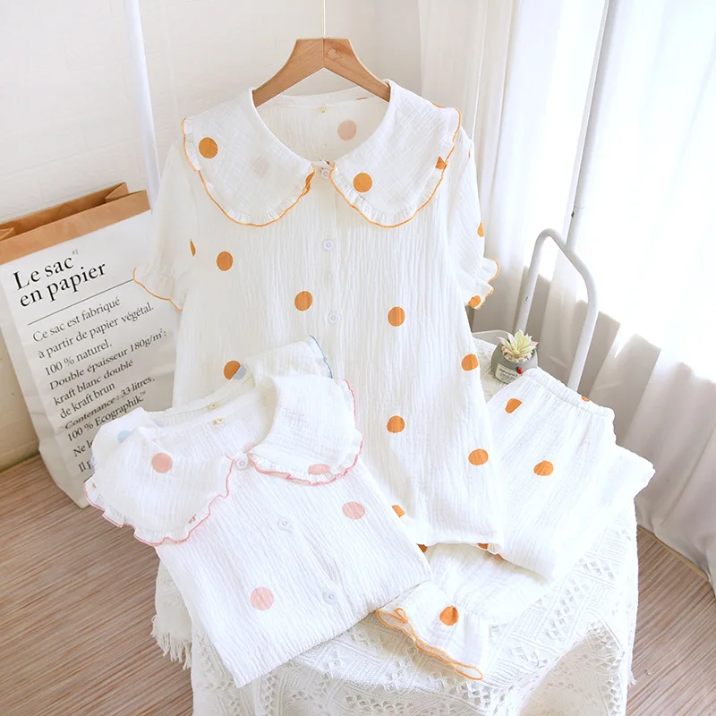 Spring and summer new women's pajamas short-sleeved trousers set 100%cotton crepe polka dot plus size two-piece home wear Ladies