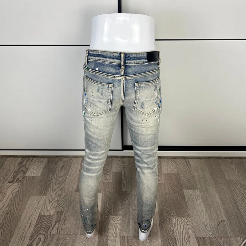 Street Fashion Men Jeans Retro Blue Elastic Slim Fit Painted Ripped Jeans Men Patched Designer Hip Hop Denim Brand Pants Hombre