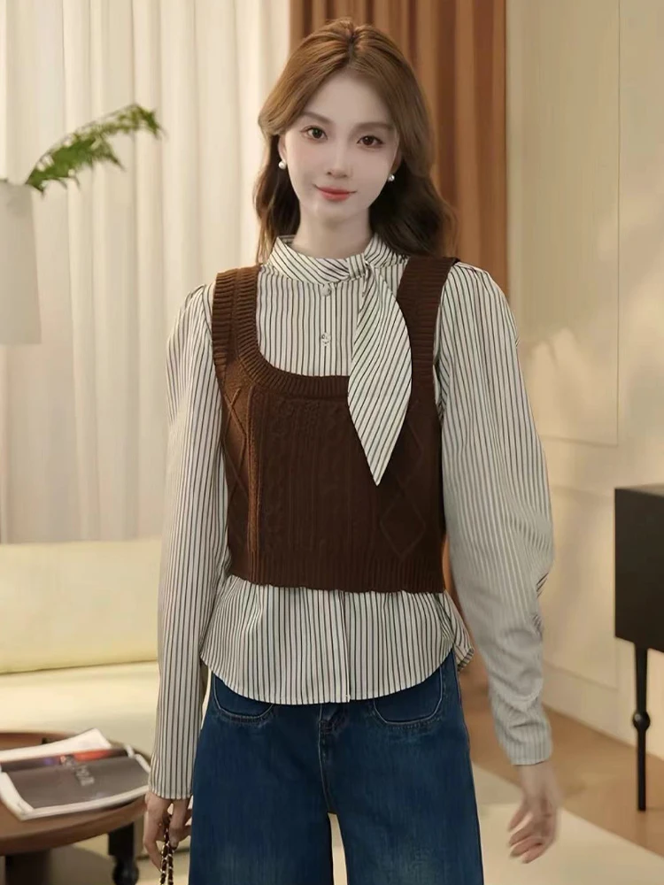 Рубашки в полоску стиле ретро уличный сложенный вязаный жилет комплект из двух