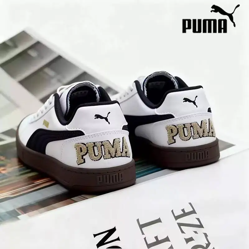 Фото Кроссовки PUMA White Black Glitter Logo Retro Low Top Skate, унисекс, с прорезиненной подошвой, повседневные, модные, 395082-09 №1