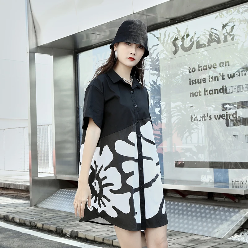 

220241 Flower Print Summer Blouse Womens Loose Ladies Short Sleeve Casual Vesidos Girl Clothes Shirt Dress
