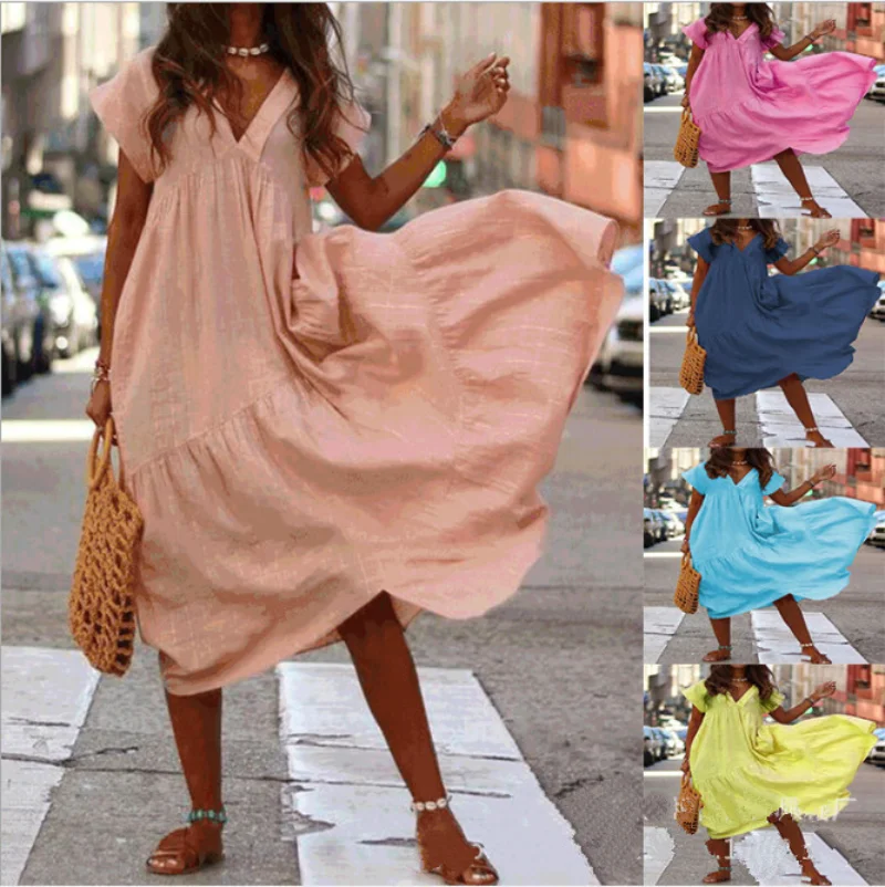 

Elegant Vintage Midi Dress Women Summer Solid V-Neck Short Sleeve Swing Long Dress Casual Loose Bohemian Beach Sundress Vestidos
