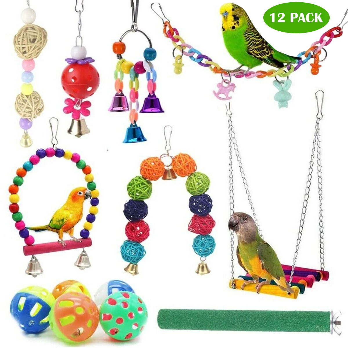 

Parrot Chewing Toys Bird Toys Swing Hanging Bridge Chewing Hanging Bell Pet Bird Cage Toys Plastic Balls 12 Pcs Set