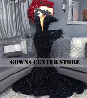 black sequin prom dresses 2022 for black girls feathers birthday party dress mermiad african evening gown appliques formal gown