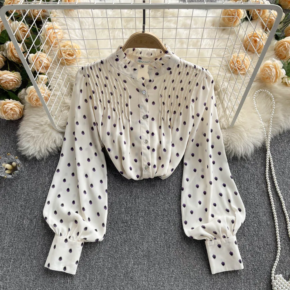 

Wave Dot Shirt Stand Collar Fold Lace Neckline Bubble Long Sleeve Spring New 2022 Aging Female Chiffon Top