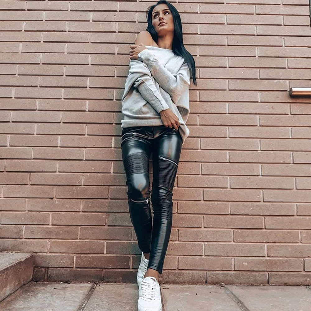 

Melody Black Leather Skinny Jeans Womens Zipper Low Rise Petite Leather Pants Ladies Winter Leggings Sports Shaping Pants