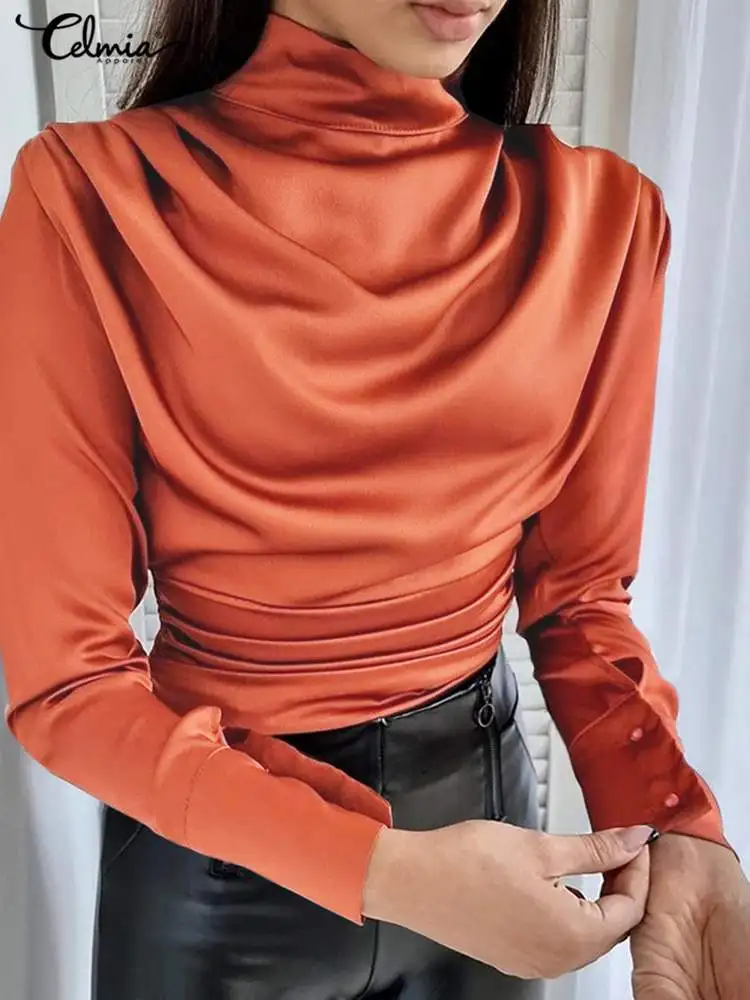 

Fashion Spring Solid Pleated Tops Celmia Women Satin Silk Blouse 2022 Vintage High Collar Long Sleeves Shirt Office Lady Chemise