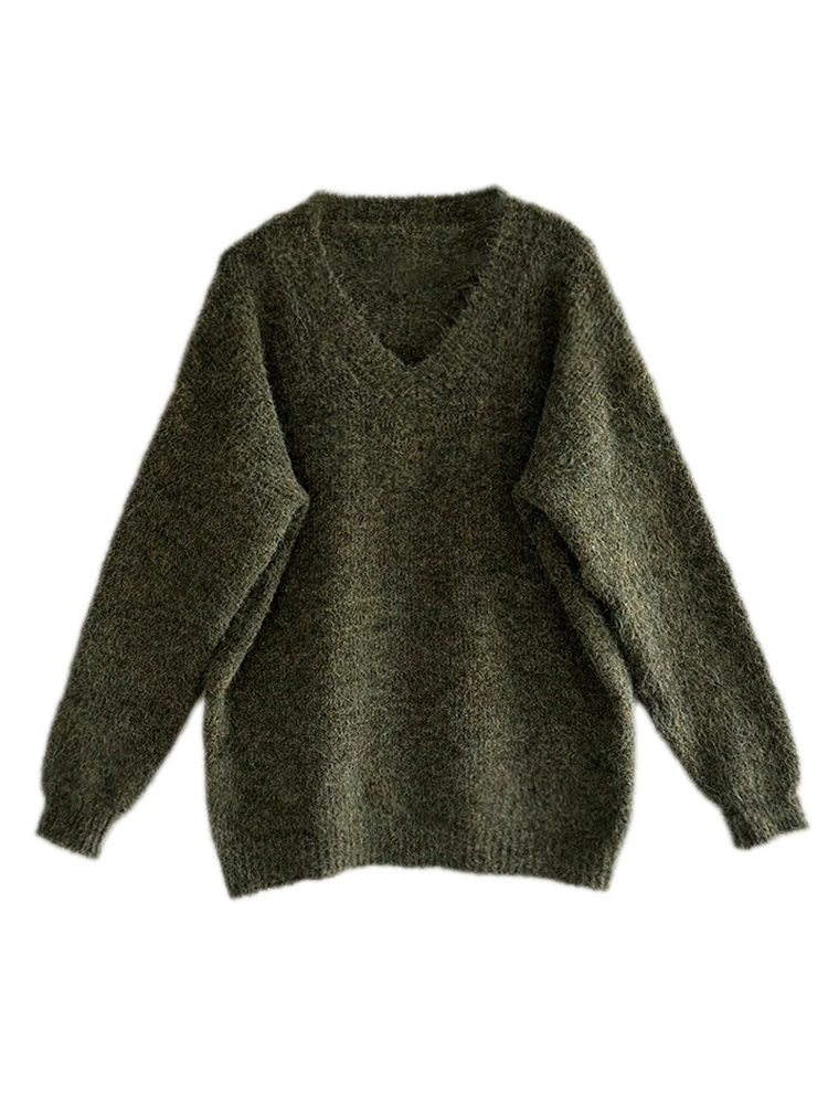 DEAT модный женский вязаный пуловер с v-образным вырезом свободный винно-красный