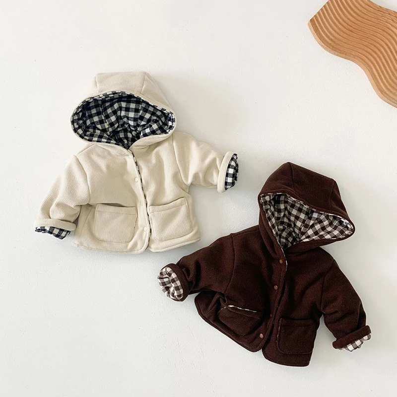 Baby Clothing Winter Thickened Boys And Girls Cotton Clothes Plaid Baby Quilted Jacket Can De Worn On Both Sides Of warm Clothes