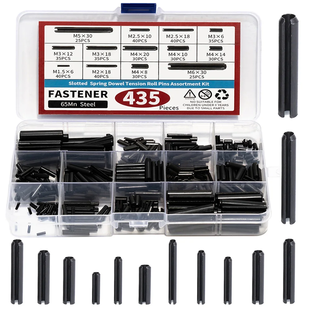 435Pcs Roll Pin Set Elastic Cylindrical Cotter Pins Carbon Steel Hollow Positioning Pin Assortment Kit Slotted Spring Pin