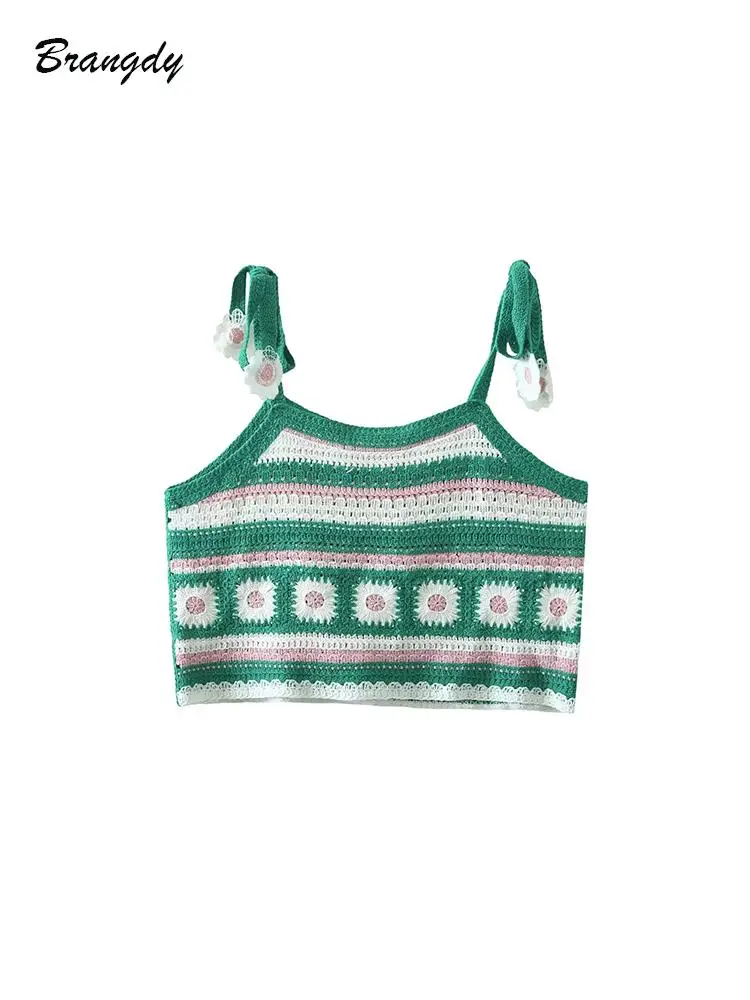 

Traf Knitted Tank Tops For Women 2022 Summer Casual Streetwear Sexy Backless Short Camis Floral Knitted Tube Crop Top Vest