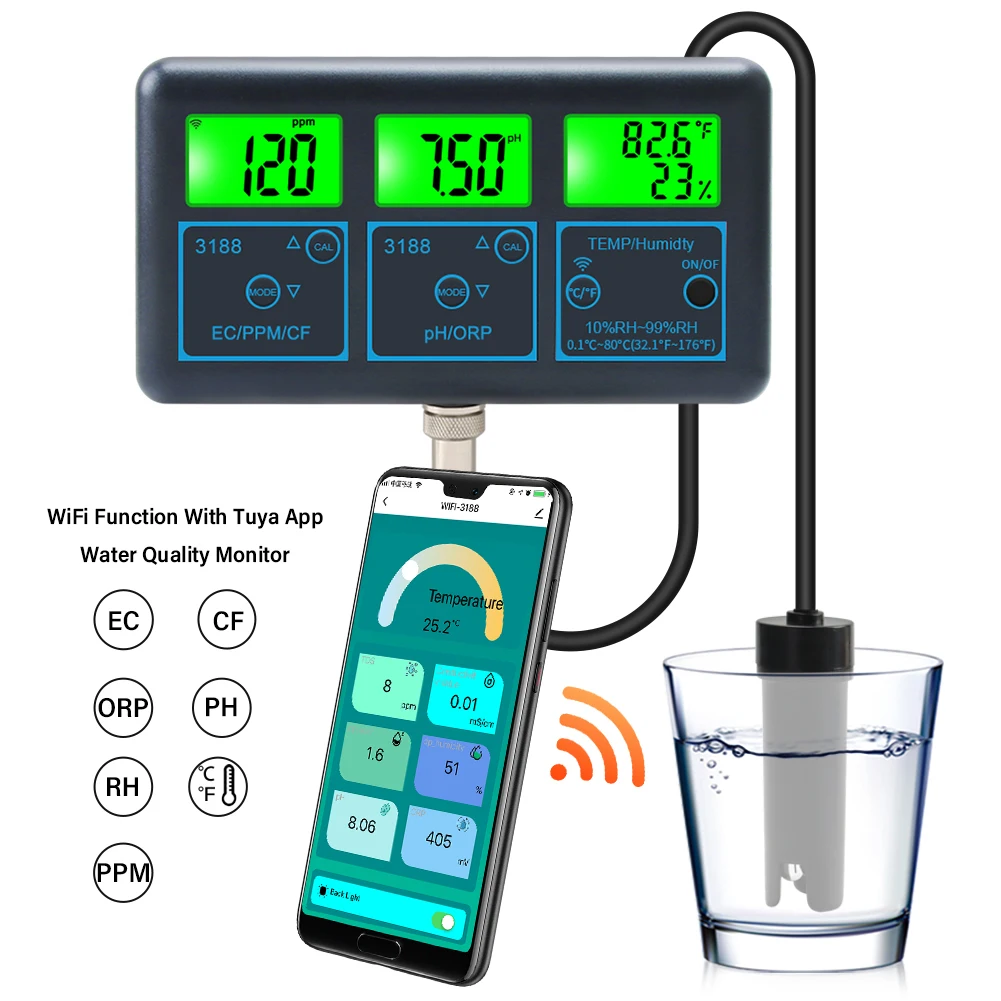 

7 in 1 Digital Wifi Water Quality Tester PH/EC/TDS/CF/Humiity/Temp Meter Water Analyzer Smart Monitor APP Control PH Detector