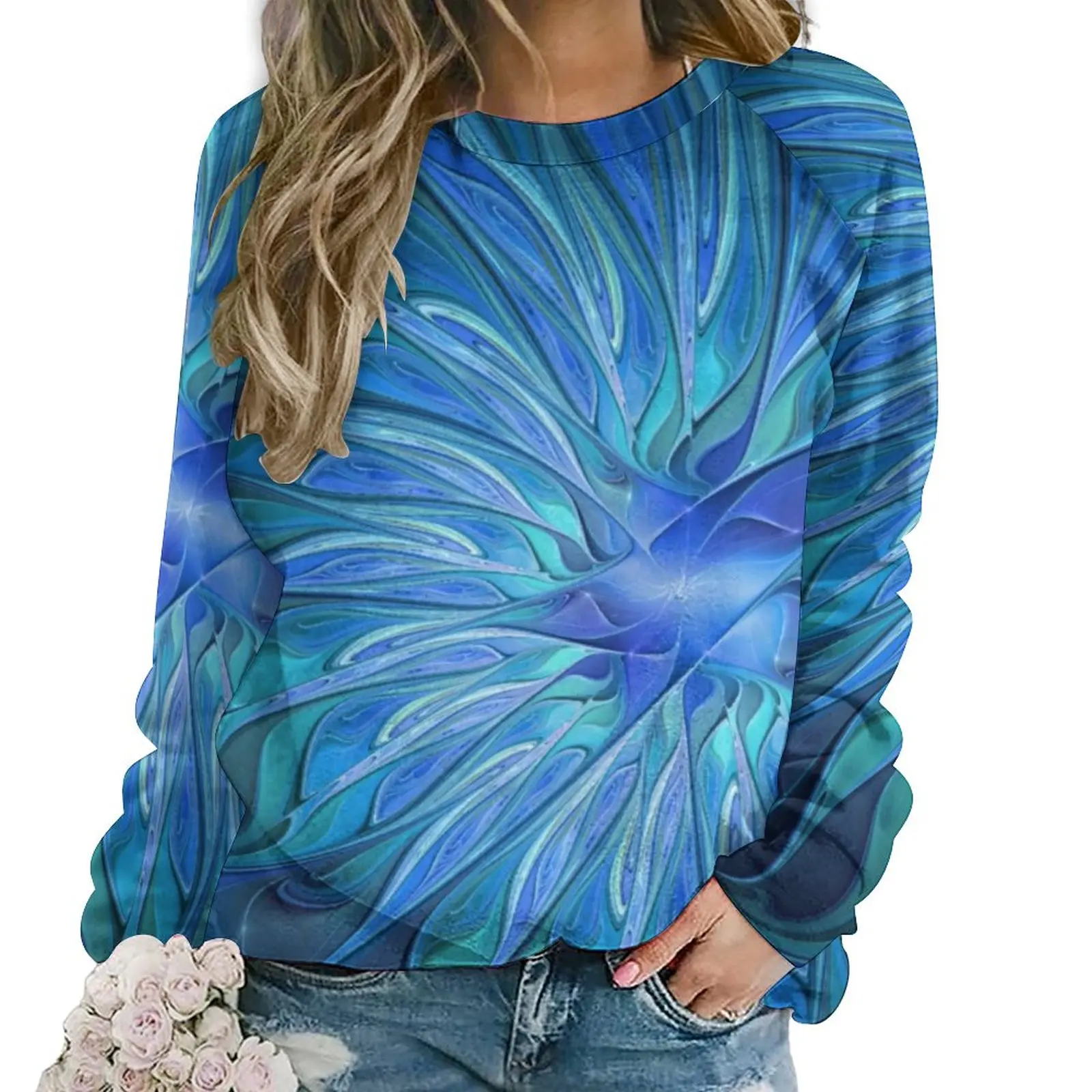 

Худи женское с длинным рукавом, Повседневная Уличная одежда с абстрактным фрактальным рисунком, художественный смешной топ с синим цветочным принтом, большой размер, на весну