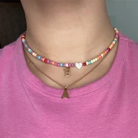 boho handmade colorful beaded choker for women stainless steel letter pendant necklace fashion shell heart jewelry accessories