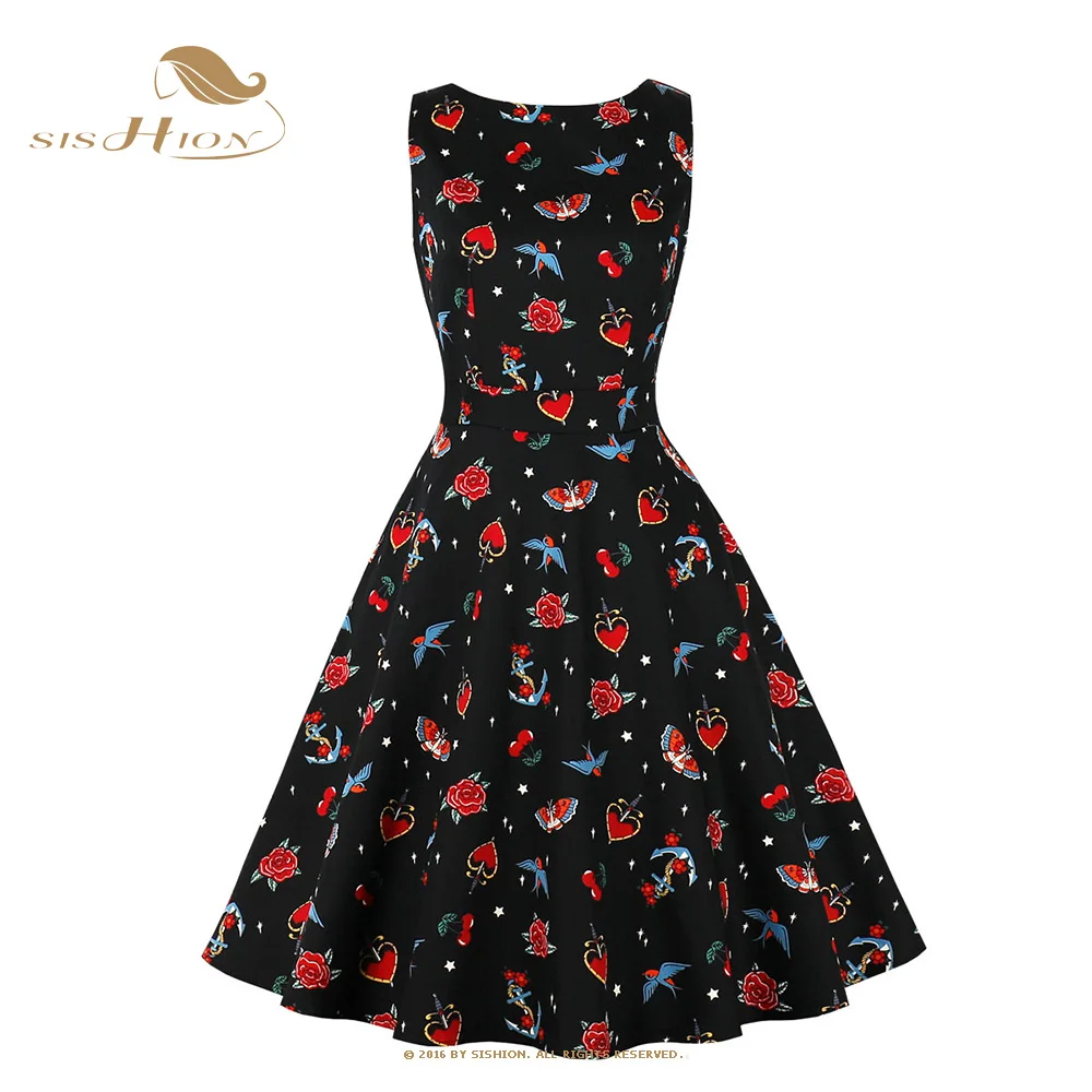 

SISHION Floral Fruits Butterfly Print Summer Dress for Women VD2945 Sleeveless 50s 60s Vintage Retro Rockabilly Dresses