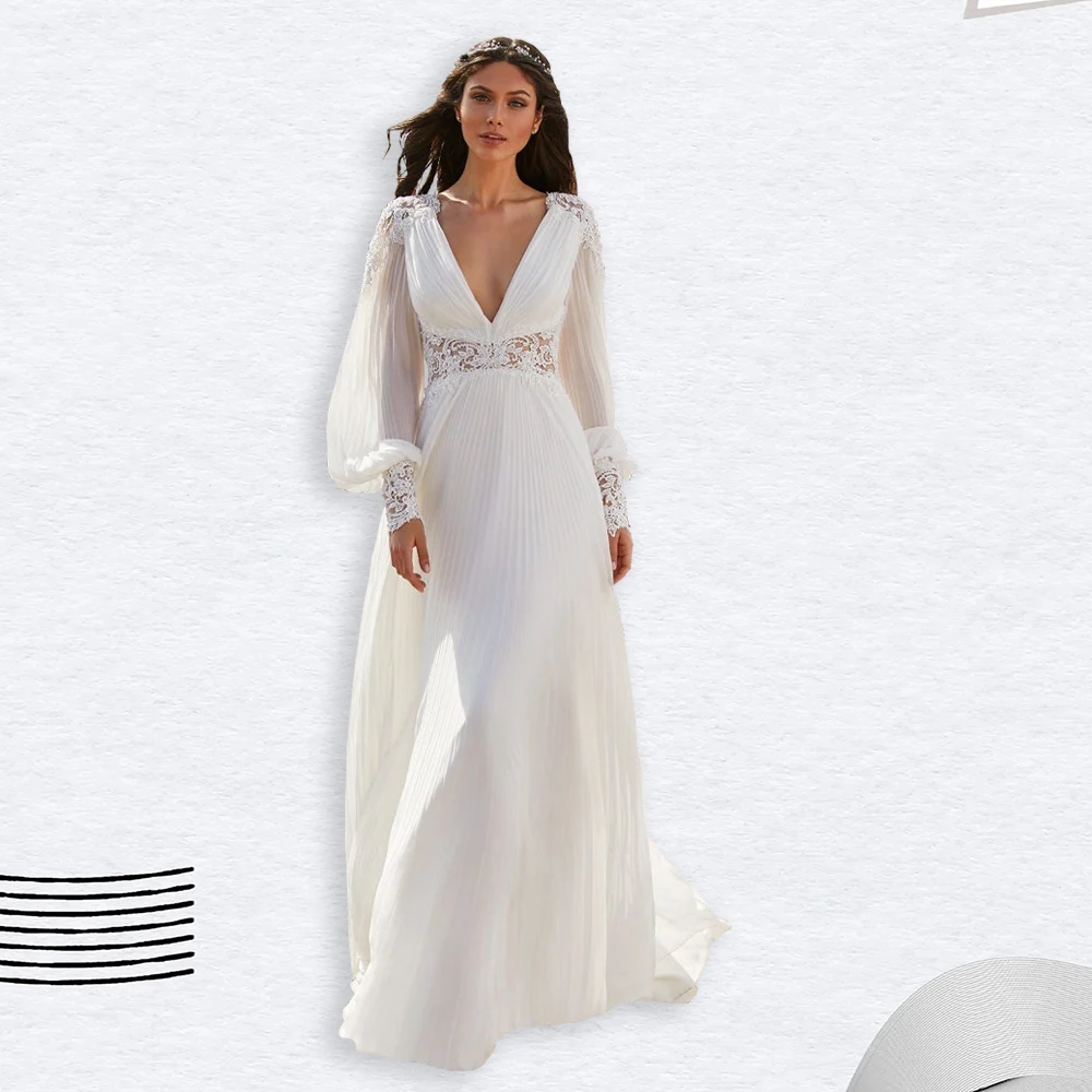 

Modest A Line Wedding Dress Chiffon Long Sleeve Bridal Gown Deep V-Neck Applique Boho Wedding Gowns