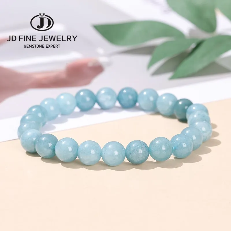 JD Natural Stone Aquamarine Blue Chalcedony Bead Bracelets Women Charm Reiki Healing Round Stone Strand Bangles Friend Gift