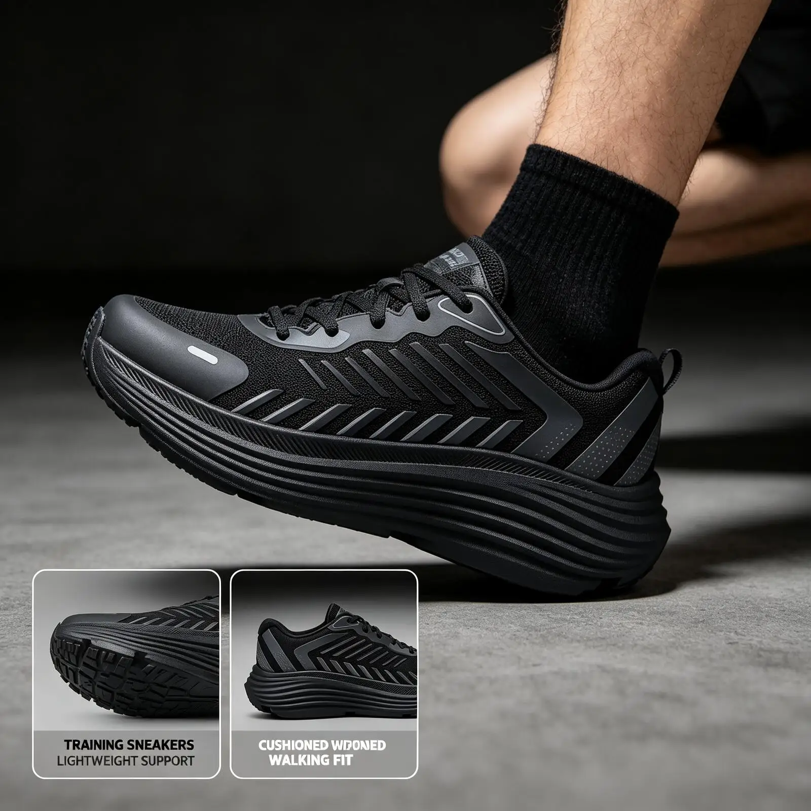 Фото Новые мужские кроссовки Skechers 220614‑BBK, полностью черные, с толстой амортизирующей подошвой, дышащие, легкие, спортивные, для пар. №2