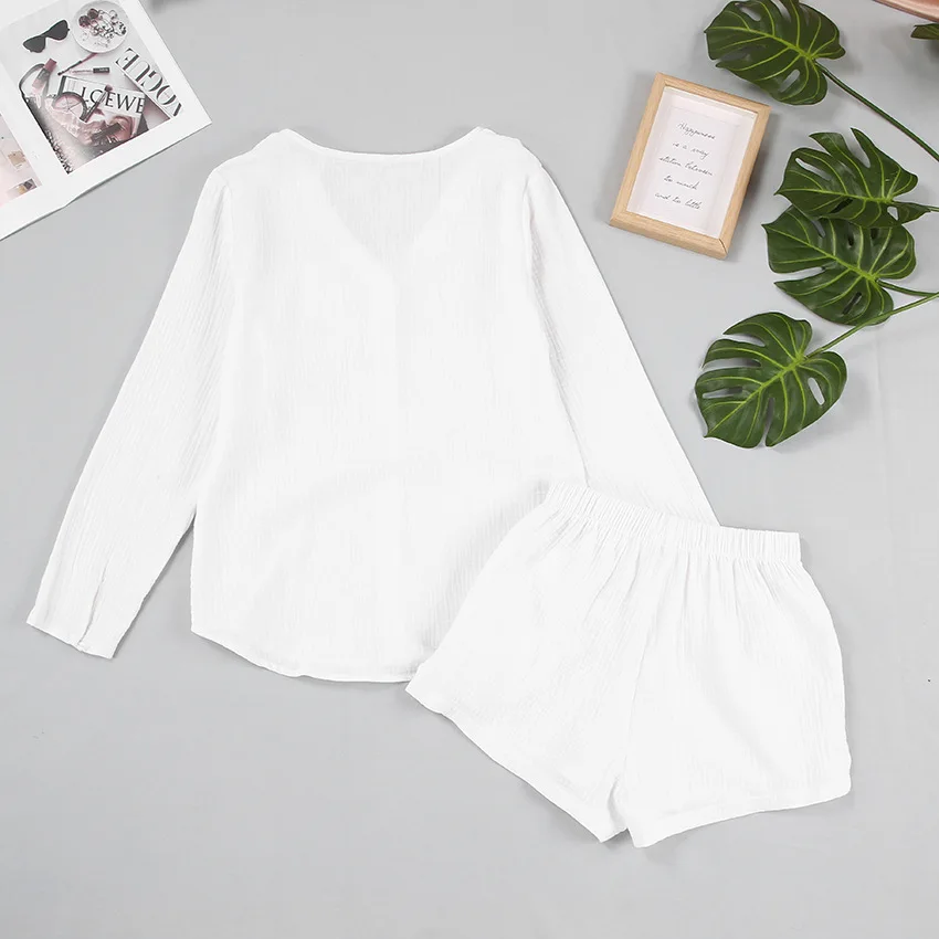 Soft Comfortable Women Pajama Set Long Sleeves White Color Korean Style 100% Cotton Sleepwear Nightgown