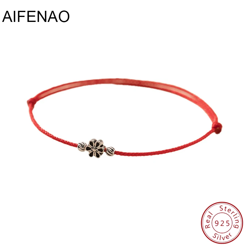 

Retro 925 Sterling Silver Flower Red String Bracelet For Women Charm Bead Handmade Rope Jewelry Friends Gift Adjustable Lucky