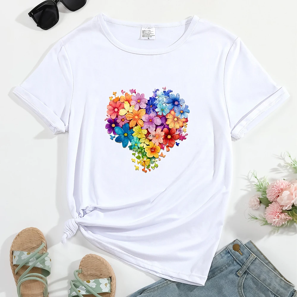 Футболка женская с цветочным принтом и сердечками Повседневная Уличная одежда