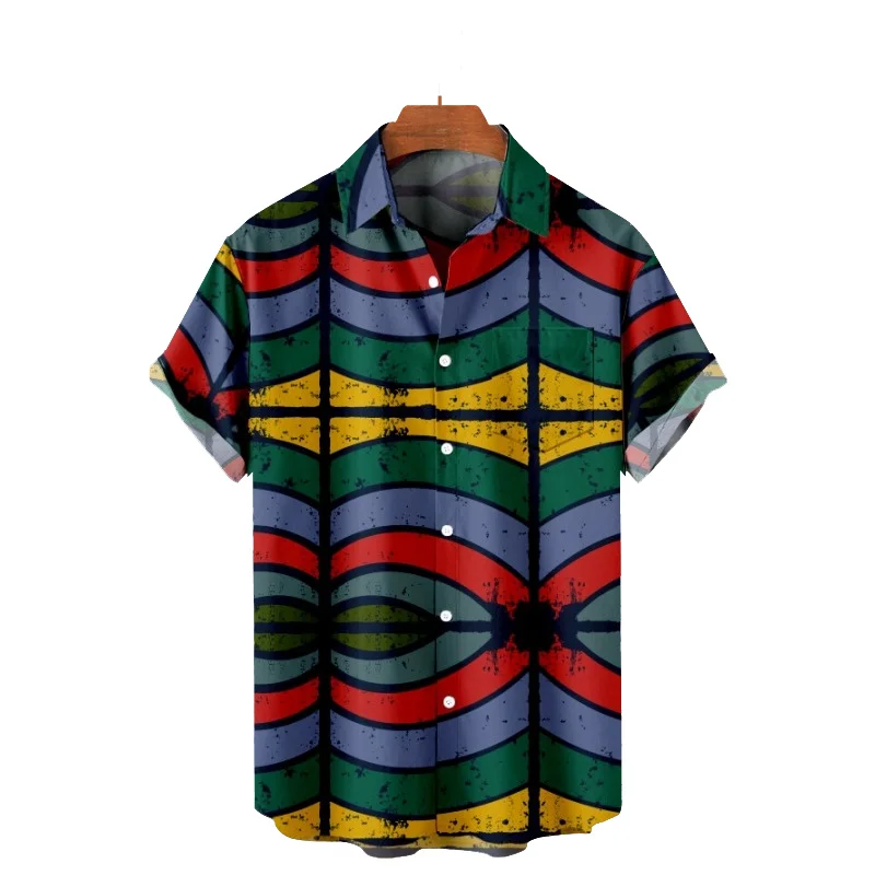 2022 Summer Beach Casual Men's Short Sleeve Lapel Shirt Plus Size Red Teal Striped 3D Print Men's Top with Pockets
