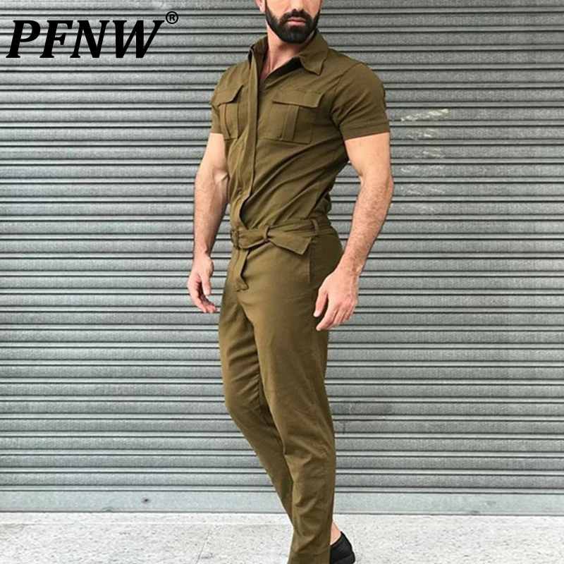 

PFNW Spring Autumn Men's Safari Style Darkwear Suit Jumpsuit Tide Belt Niche Design Harakuju Outdoor Lapel Clothing Set 12A8287
