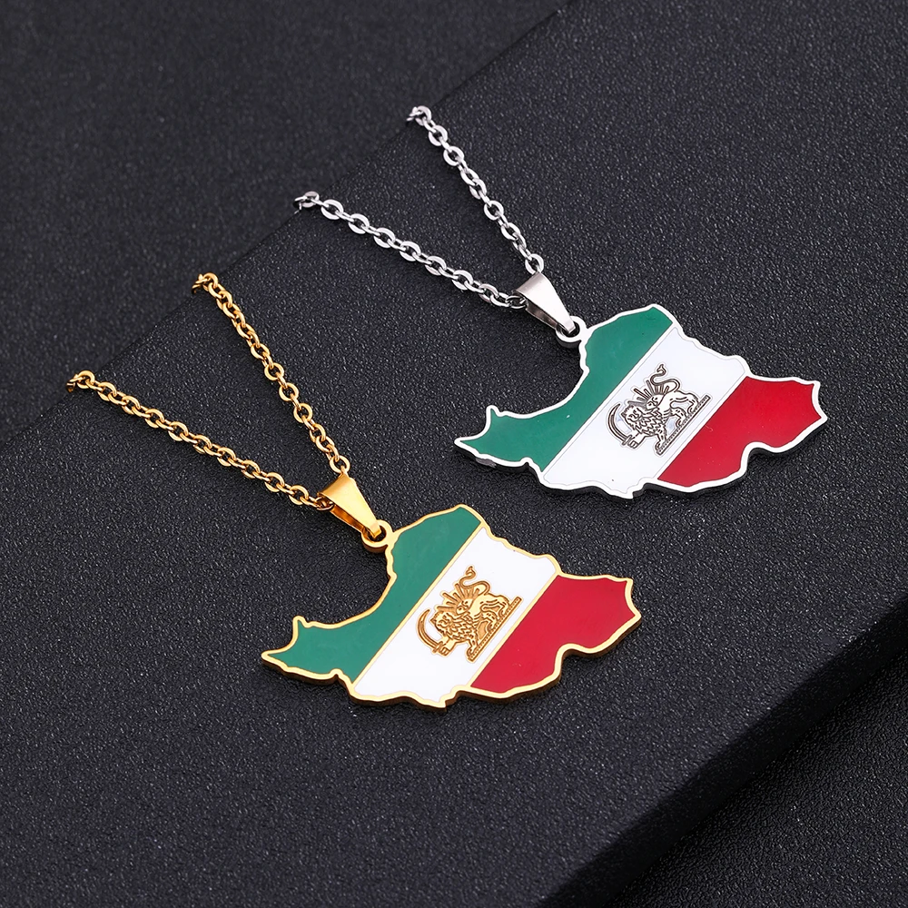 Fashion Enamel Iran Map Flag Pendant Necklaces Iranian Stainless Steel Jewelry for Women Men Girls Party Birthday Gifts