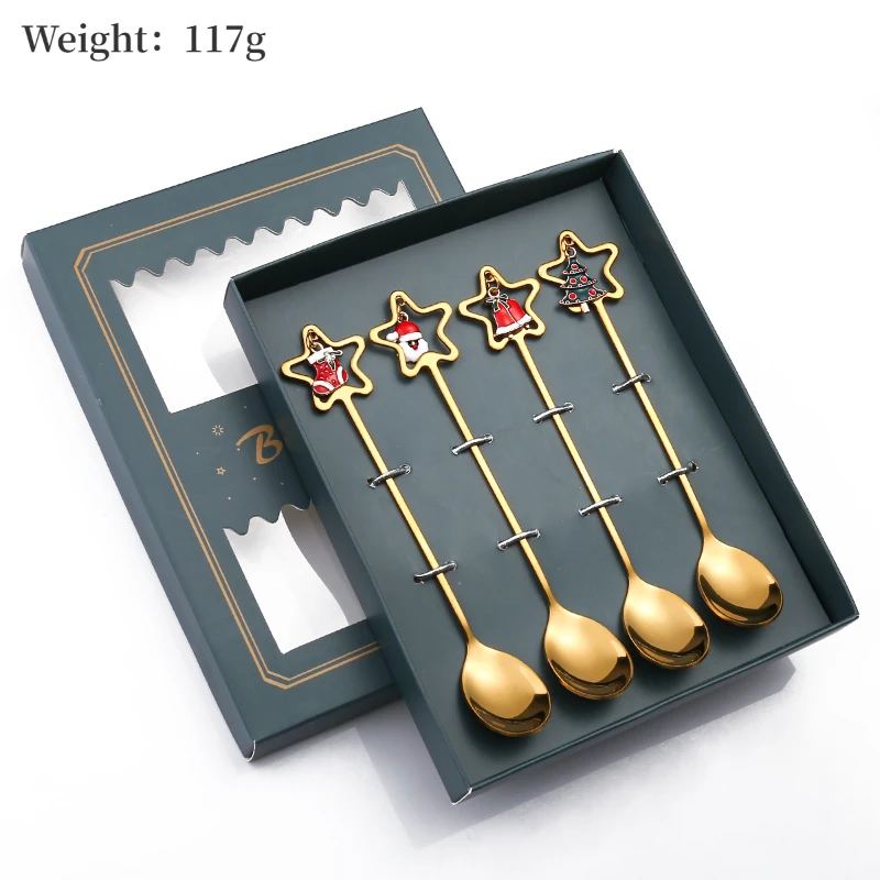 

Stainless Steel Christmas Tableware Set of 4 Sets Christmas Tree Old Man Moose Dessert Coffee Spoon Fruit Fork New Year's Gift