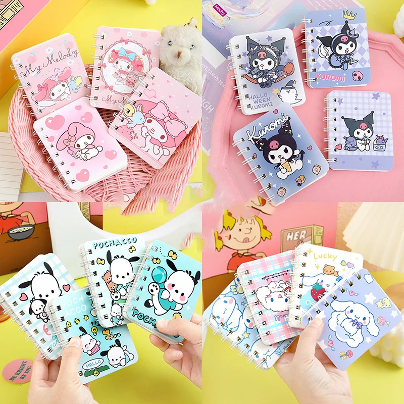 

Блокнот кавайный Sanrio Mymelody Kuromi Cinnamoroll, 4 шт., мультяшный аниме студент, А7 спиральная книга, мини дневник, канцелярские принадлежности, подарок ...