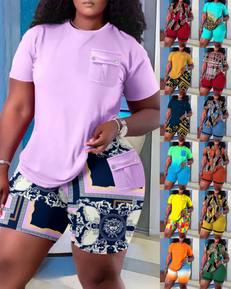 

Футболка и шорты женские с принтом, повседневный свободный комплект из 2 предметов, свитшот с коротким рукавом, лето