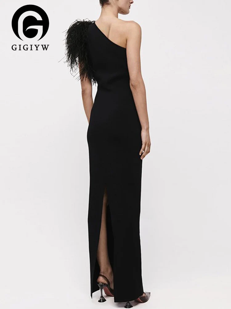 

Женское платье на одно плечо GIGIYW, без рукавов с перьями, с разрезом сбоку, новая коллекция весны 2023 года