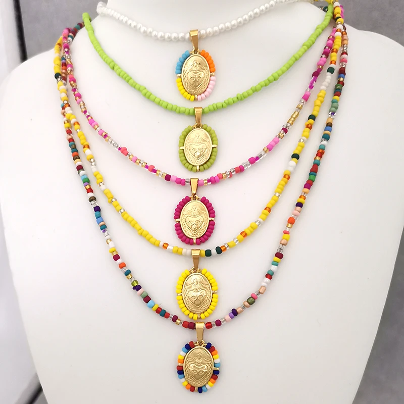 

QMHJE кулон Девы Марии ожерелье для женщин Имитация Жемчуга крест испуганное сердце Иисус чокер бисер золотой цвет ювелирные изделия для мамы