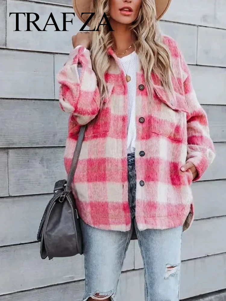 

TRAF ZA Fashion Women Coat Pink Plaid Woolen Top Single-breasted Lapel Pocket Female Elegant High-quality Jacket Autumn Wear