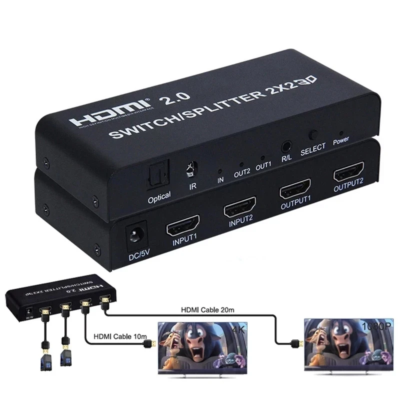 4K 60 Гц HDMI переключатель сплиттер 2 в 2 выхода HDMI 2,0 переключатель 2x2 2x4 с экстрактором взрослых и дистанционным управлением для ноутбука