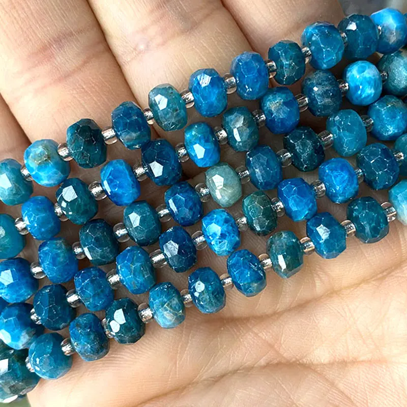 Cuentas espaciadoras de piedras preciosas naturales Rondelle azul apatita facetada de piedra redonda para la fabricación de joyas DIY, pulsera de mujer, collar, dijes