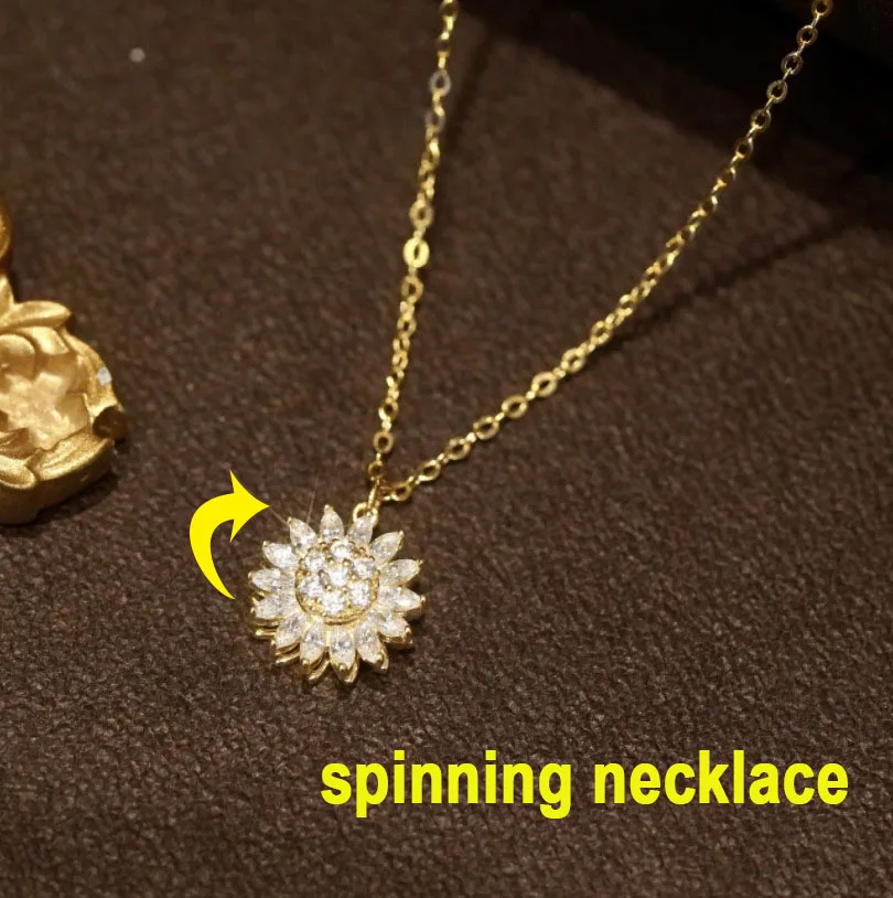 

Rotating Sunflower Pendant Necklace for Women Zircon Crystal Anti Stress Anxiety Rings Dainty Rotatable Spining Earring Jewelry