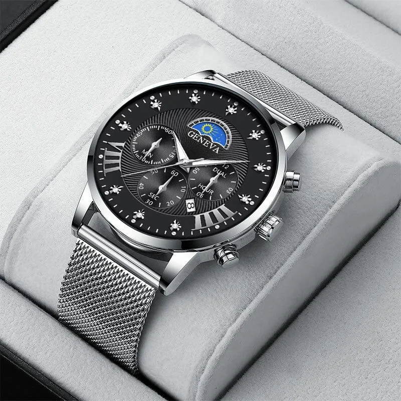 

Top Luxury Sun, Moon, Star, Diamond Inlaid Men's Mesh Band Watch Decoration Three Eye Calendar Quartz Men's Watch
