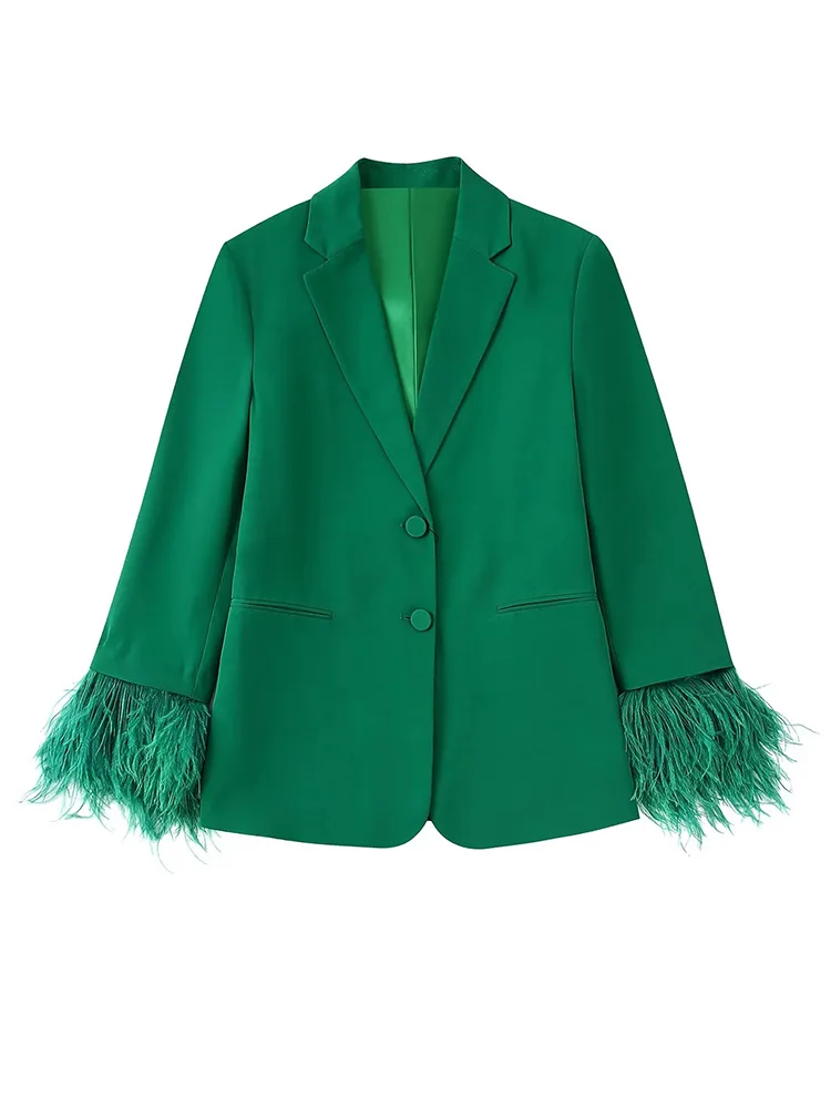 

Klacwaya Fashion Woman Blazer 2022 Jacket Casual Blazers Woman Clothing Office Wear Female Feather Cuffs green Blazer Outfit