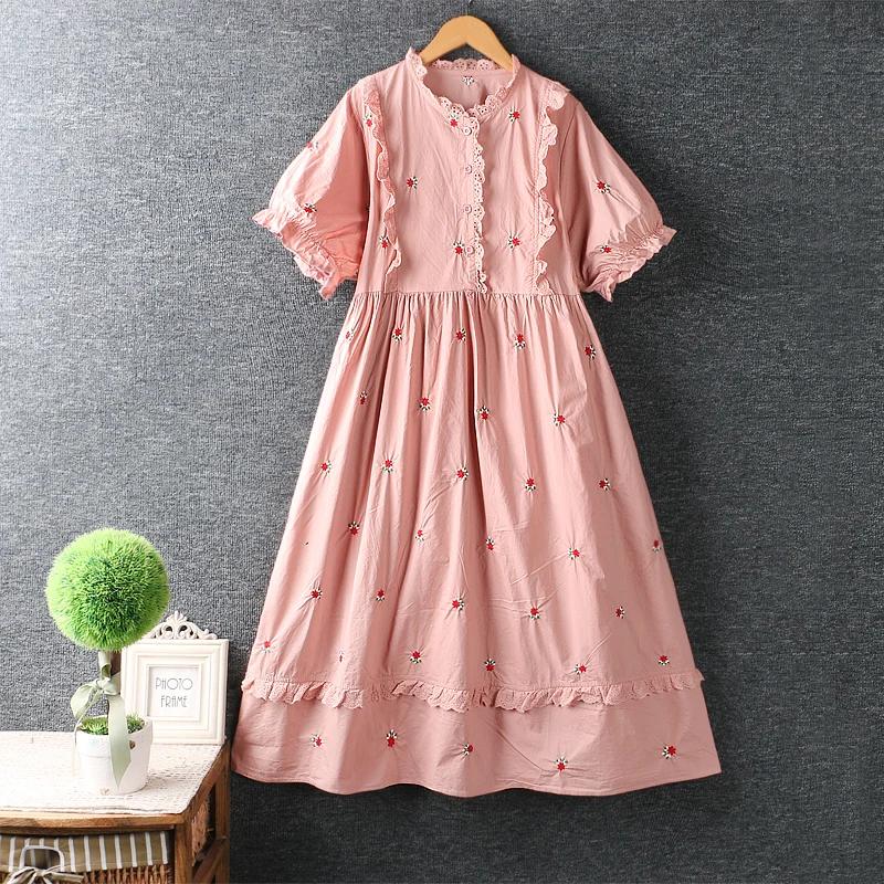 

Summer Sweet Embroidered Dress Women Round Neck Short Sleeve Casual Dress 822-39