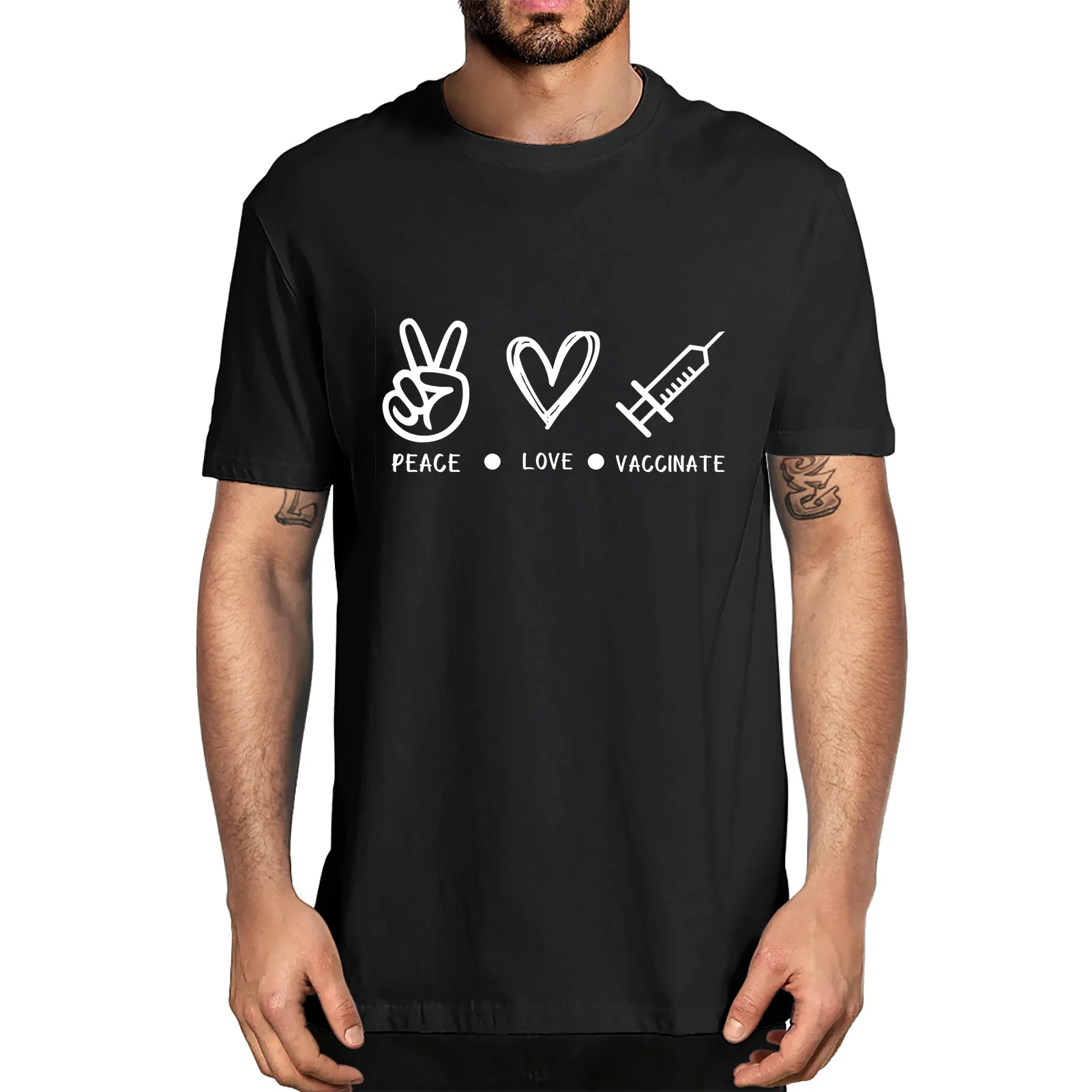 

Unisex Peace Love Vaccine Funny Social Distance Quarantine Graphic Men's 100% Cotton T-Shirt Women Soft Top Tee Gifts