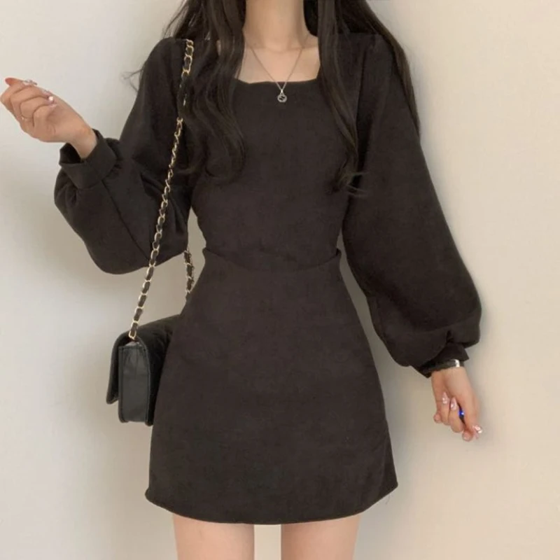 

Solid Color 2022 Autumn New Korean Style Chic Retro Waist Short Square Neck Long Sleeve Dress Elegant Femme Temperament Office