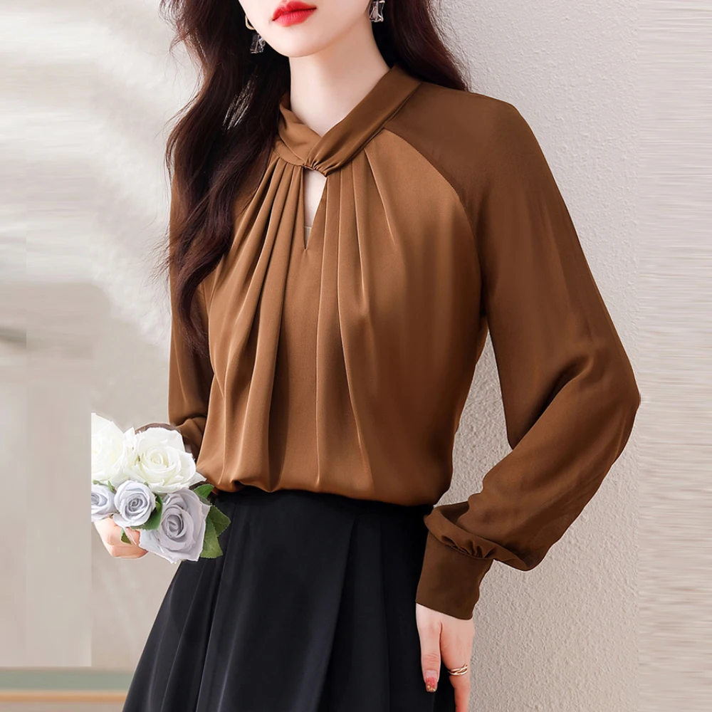 Повседневная шикарная Женская одежда элегантная однотонная блузка со складками