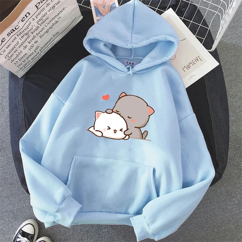 

Pakaian Kawaii Kucing Persik Hoodie Estetika Atasan Merah Muda Lucu Kaus Besar Wanita Kartun Cetak Uniseks Streetwear Hangat